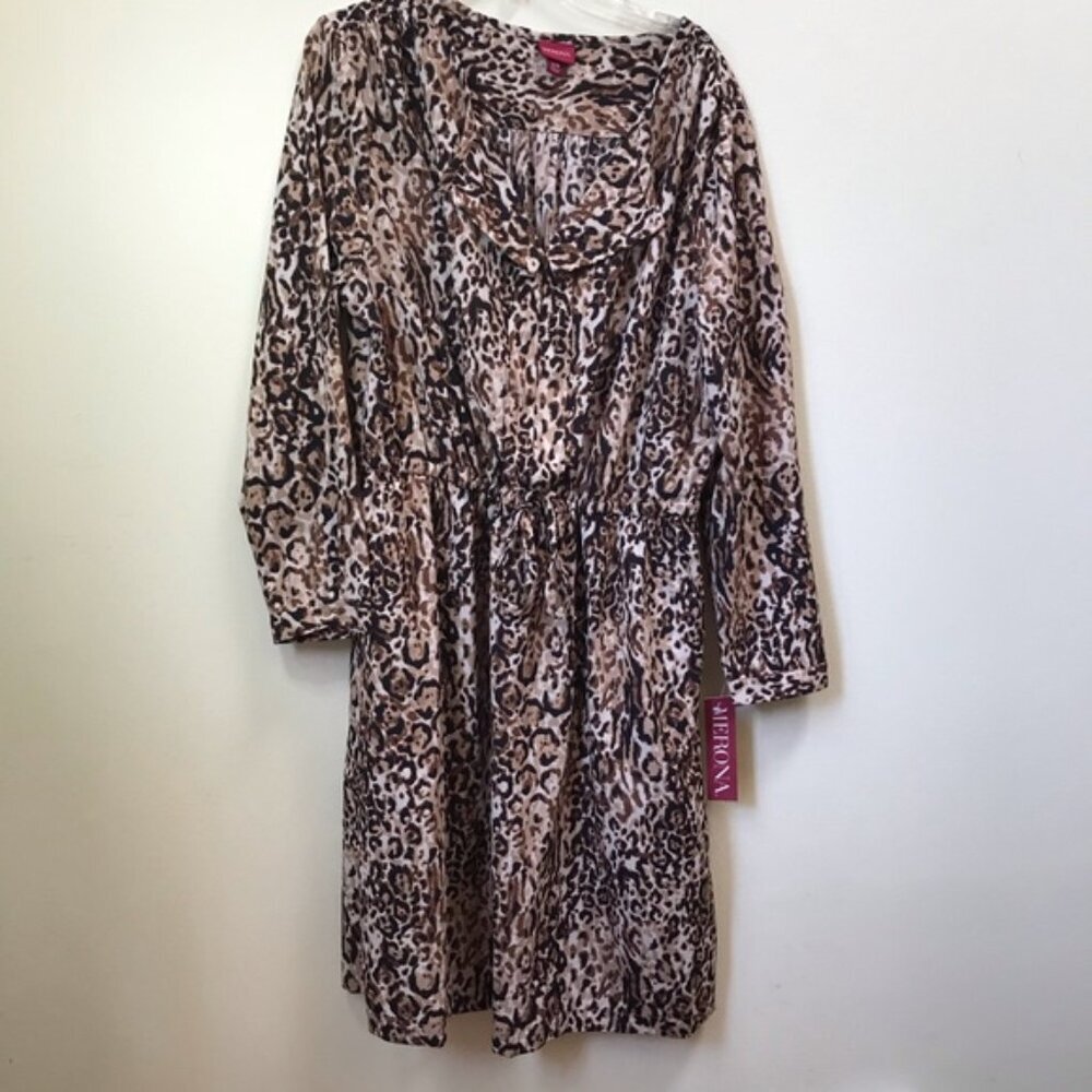 Merona NEW Leopard Animal Print Dress Pockets Tie Waist Shirt Tunic Preppy Tan L